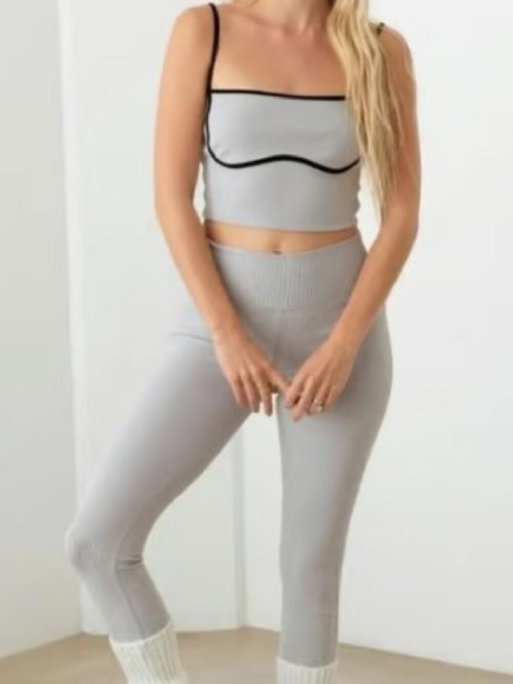 Le Lis Set Ribbed Crop Tank and High-Waist Leggings in Gray with Black Trim